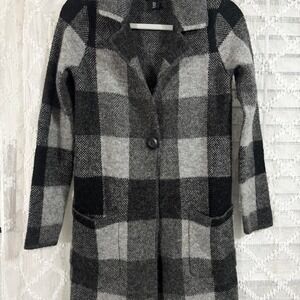 Adrienne Vittadini Womens Grey Black Buffalo Plaid Longline Cardigan ‎ Small